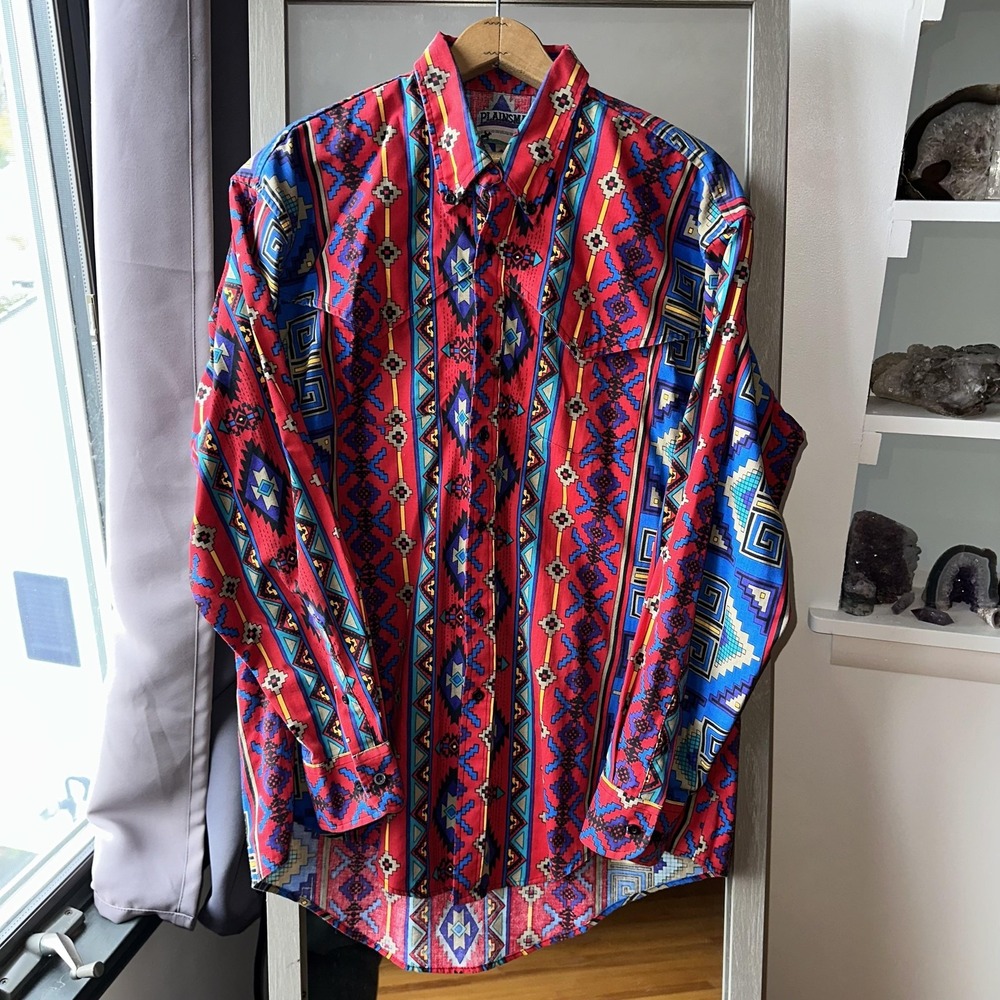 Plainsman Western Shirt Mens Extra Large‎ Red Blue Aztec Southwest Long Sleeve